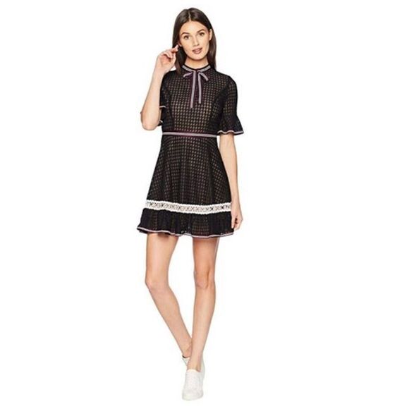 Revolve Reformation J.O.A. Bow pussybow Neck Fit-and-Flare Black Lace Dress - Picture 1 of 6